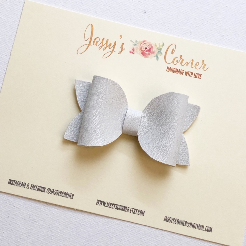 Faux Leather Bow • Children Bows • White Smooth Faux Leather Bow • Hairbow
